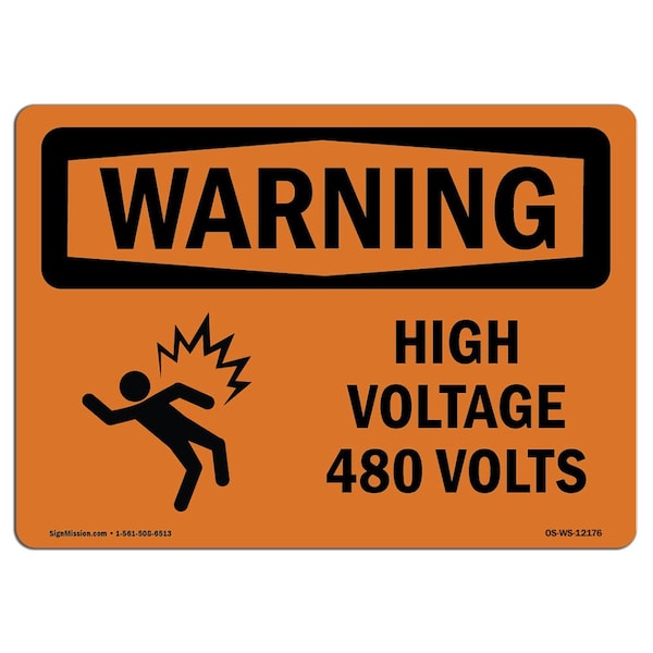 Safety Sign, OSHA WARNING, 3.5" Height, 5" Width, High Voltage 480 Volts, Landscape, 10PK